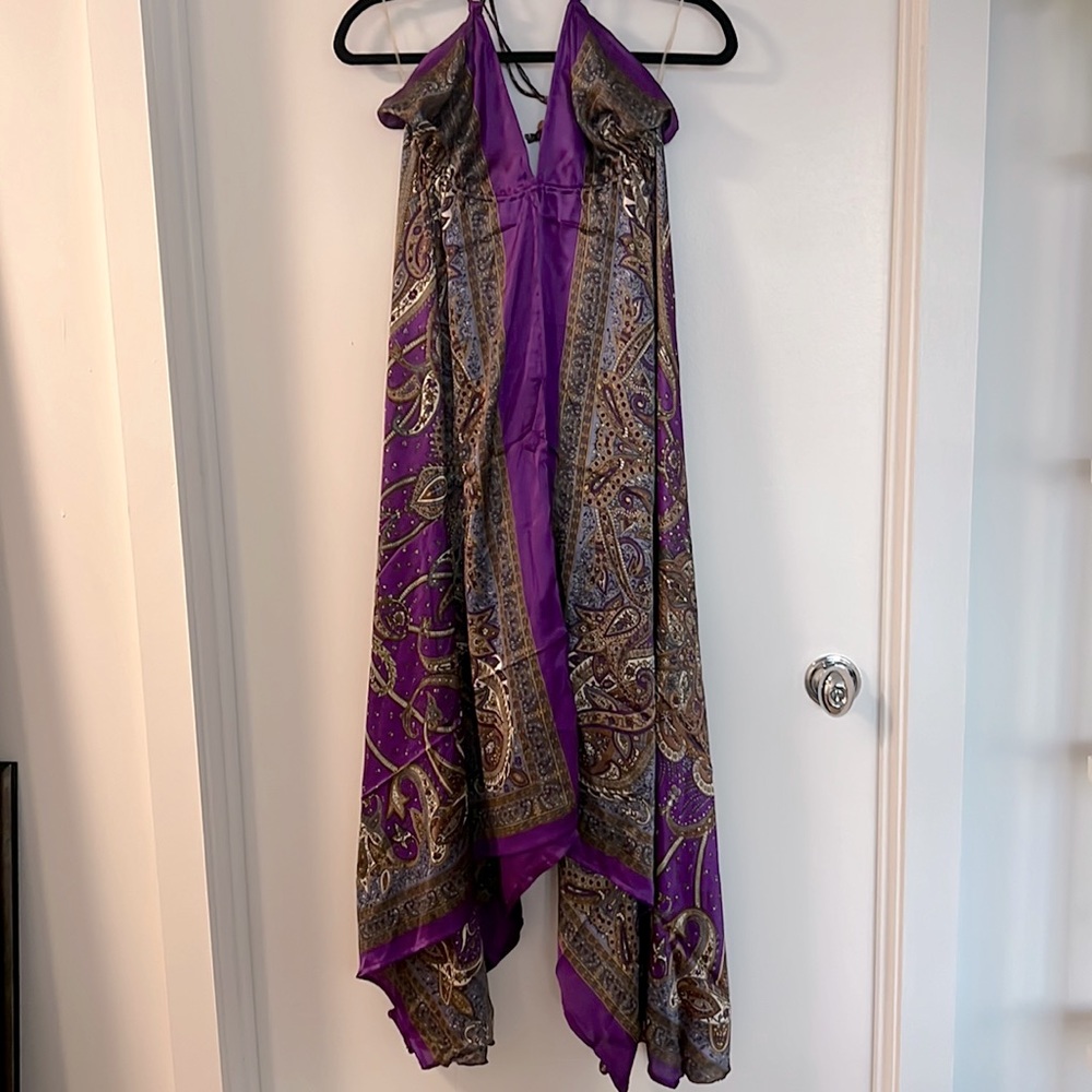 Purple Silk Print Halter Scarf Dress